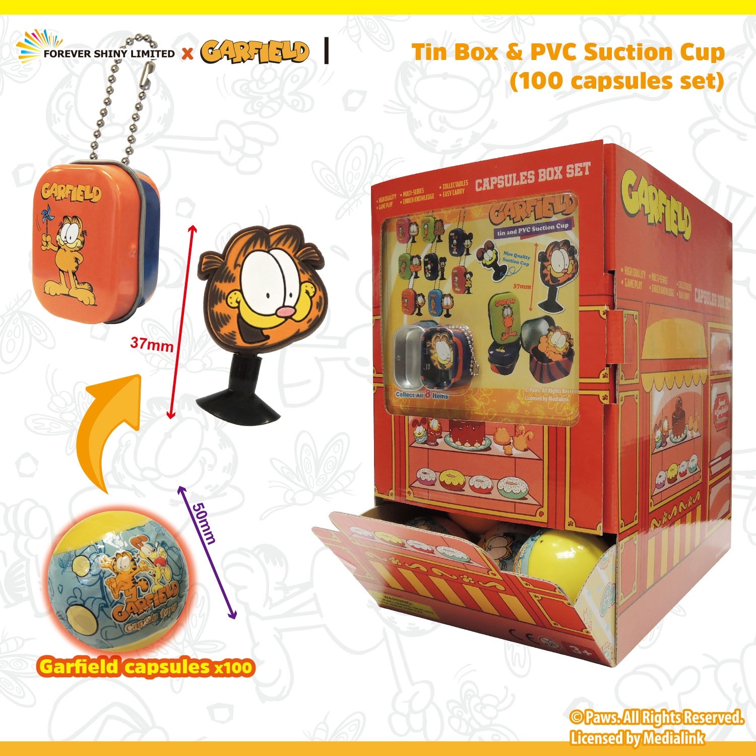 Garfield Tin Box & PVC Suction Cup (100 Capsules Set)