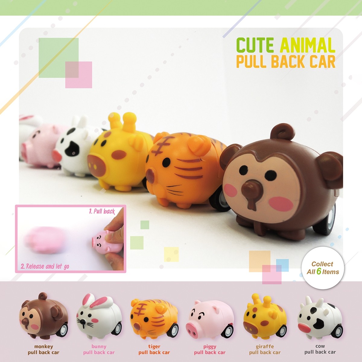 Cute Animal Pull Back Car, 50mm Capsule in Display Box