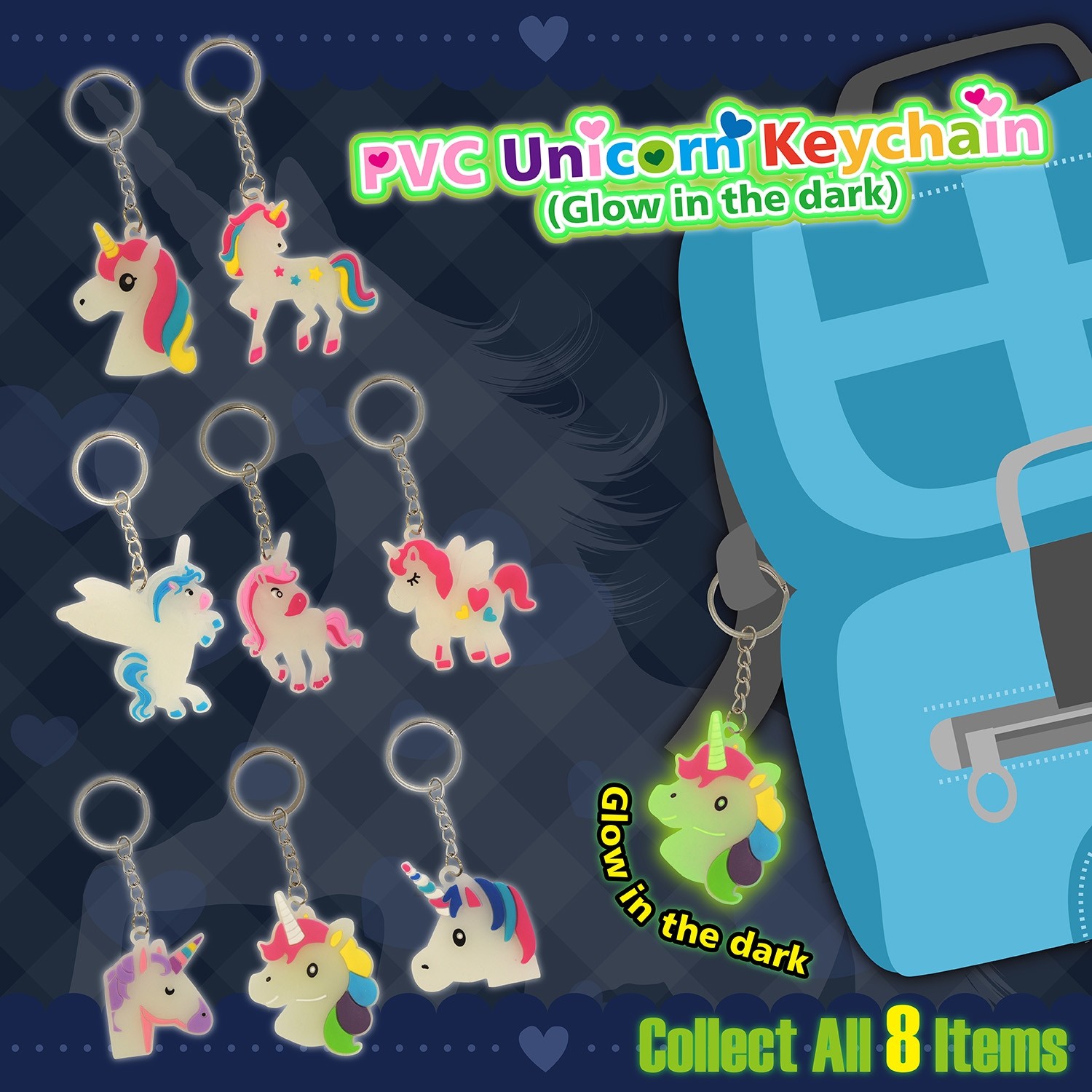  PVC Unicorn Keychain (Glow in the dark)